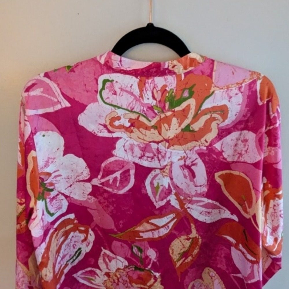 Natori Floral Boho Coastal Elegant V-Neck Blouse Pink Orange Watercolor Bloom - Picture 5 of 16